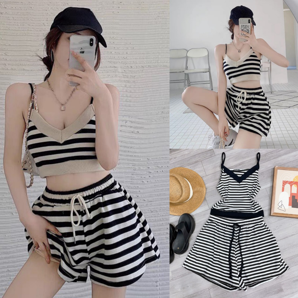 Bigsize Nữ Set 2 Món Quần Đùi Lưng Chun Kết Hợp Với Áo Dây Chất Liệu Dệt Kim Thun Gân 60kg-95kg Mã SSDAY