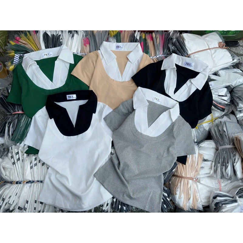 Áo thun cổ trụ tay ngắn phối viền dáng dài