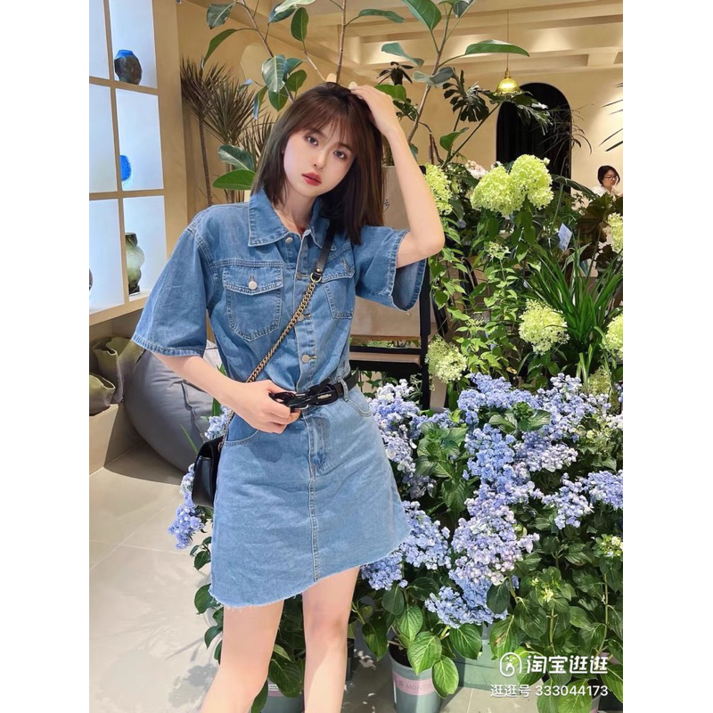 Váy denim polo cổ bẻ Jumpsuit jeans ngắn - jumpsuit bò chất vải denim đơn giản KM32