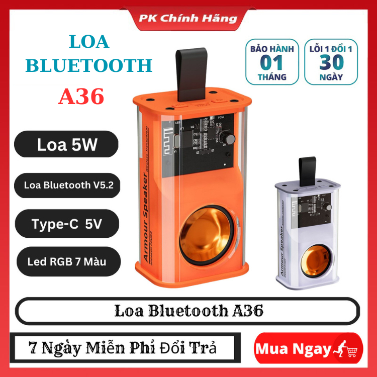 Loa Bluetooth Mini Trong Suốt A36 Nghe Nhạc Không Dây Nhiều Màu, Nghe nhạc cực hay, Bảo hành 12 Tháng