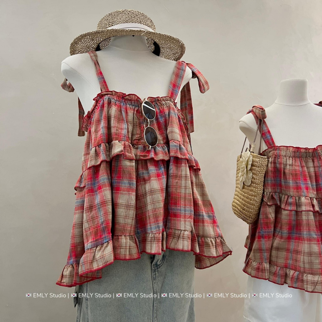 Áo 2 dây babydoll cột nơ sọc caro