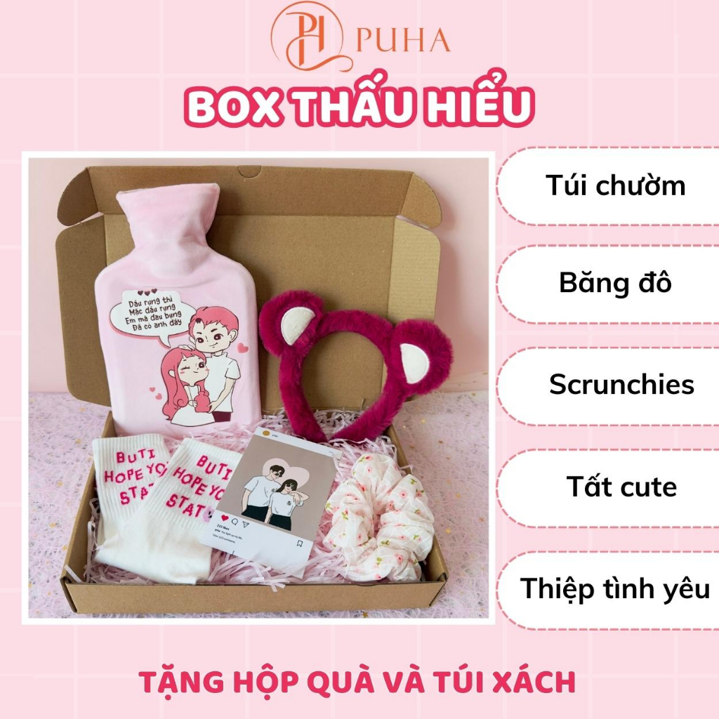 Hộp quà tặng sinh nhật bạn gái, combo túi chườm nóng Puha giảm đau bụng kinh cho người yêu