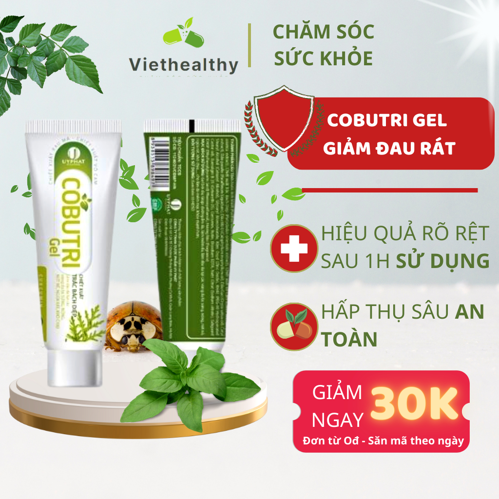 Gel bôi trĩ COBUTRI GEL - Gel bôi trĩ hỗ trợ giảm co búi trĩ, táo bón, đau rát hậu môn, Kèm đầu thụt (20g)