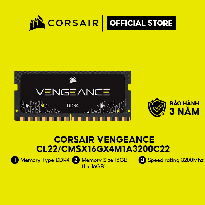 Bộ nhớ trong Corsair cho laptop DDR4, 3200MHz 16GB 1x16GB SODIMM,Black PCB,1.2V/CMSX16GX4M1A3200C22