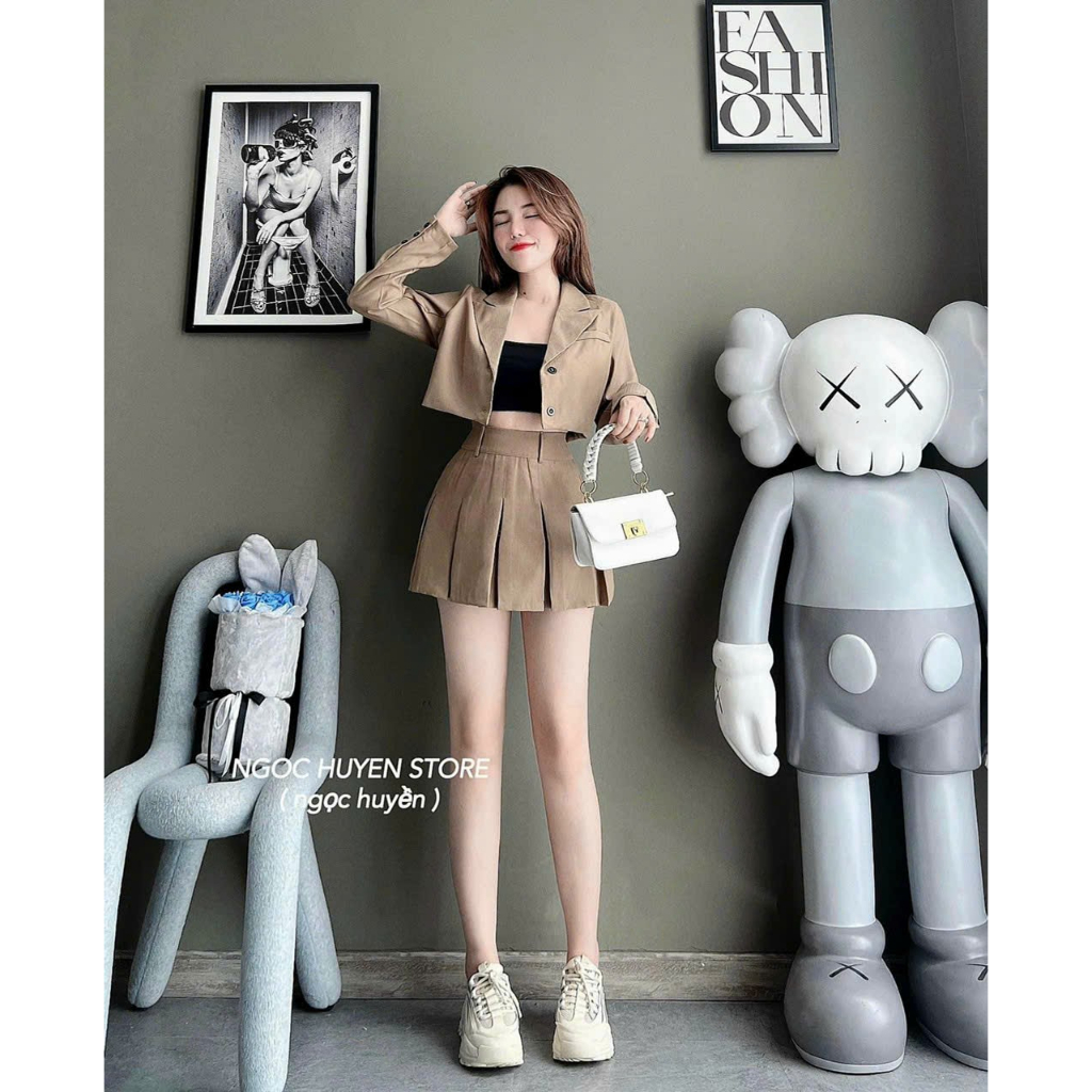 Set đồ thời trang nữ công sở tiểu thư, chất cotton lạnh phối chân váy ngắn xếp ly có lót sang chảnh trẻ trung xinh