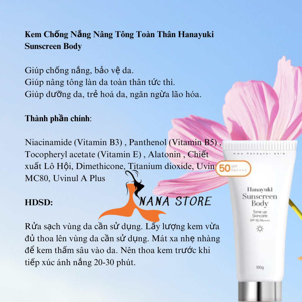 Kem Chống Nắng Nâng Tone Da Mặt, Body Hanayuki