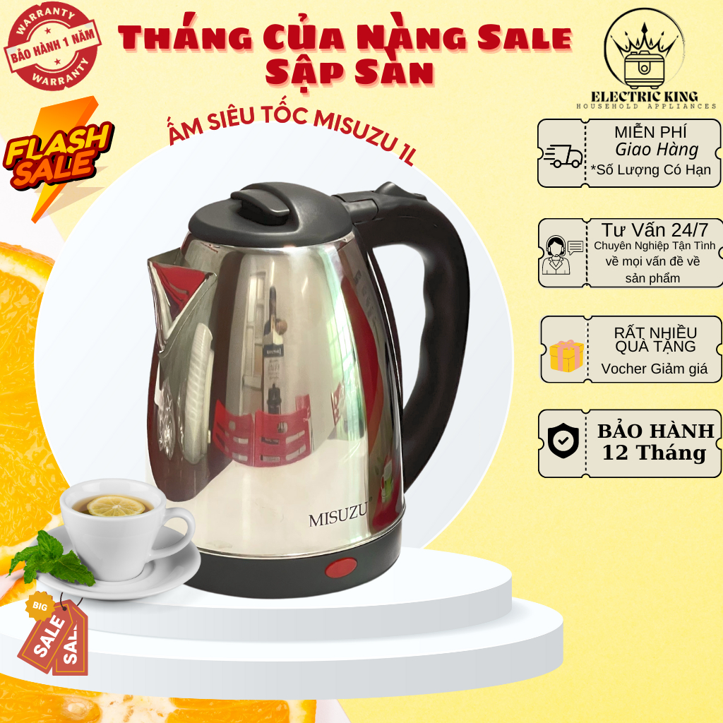 Ấm Siêu Tốc Inox 1.8L MISUZU MST-866 , Bình Đun Siêu Tốc (BH 1-1 12T) inox tốt cho sức khỏe người sử dụng