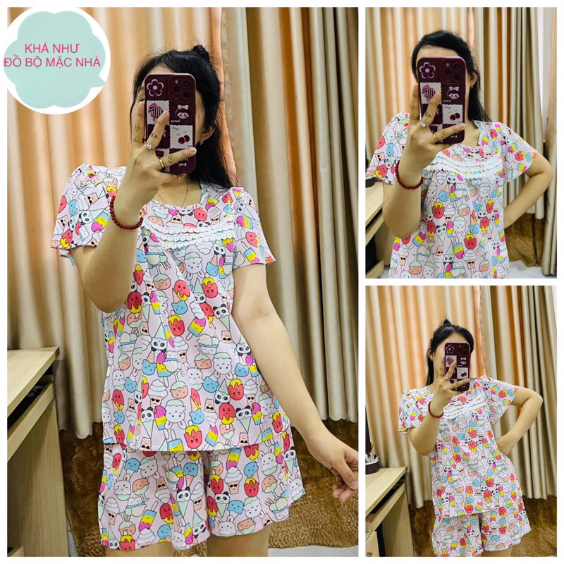 Bộ tole nữ mặc nhà, bộ lanh nữ quần đùi áo tay cộc rũ phối 3 đường ren trước ngực