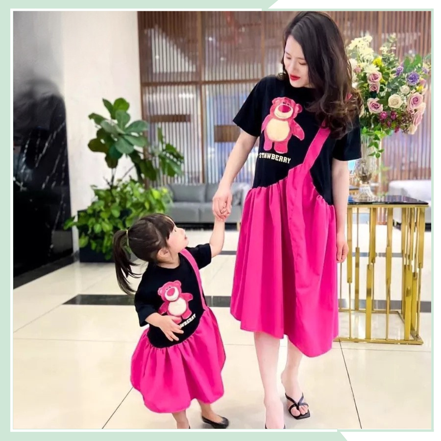 Váy babydoll cho bé, đầm in gấu dâu thiết kế giả yếm dáng suông cho bé siêu xinh VBG66