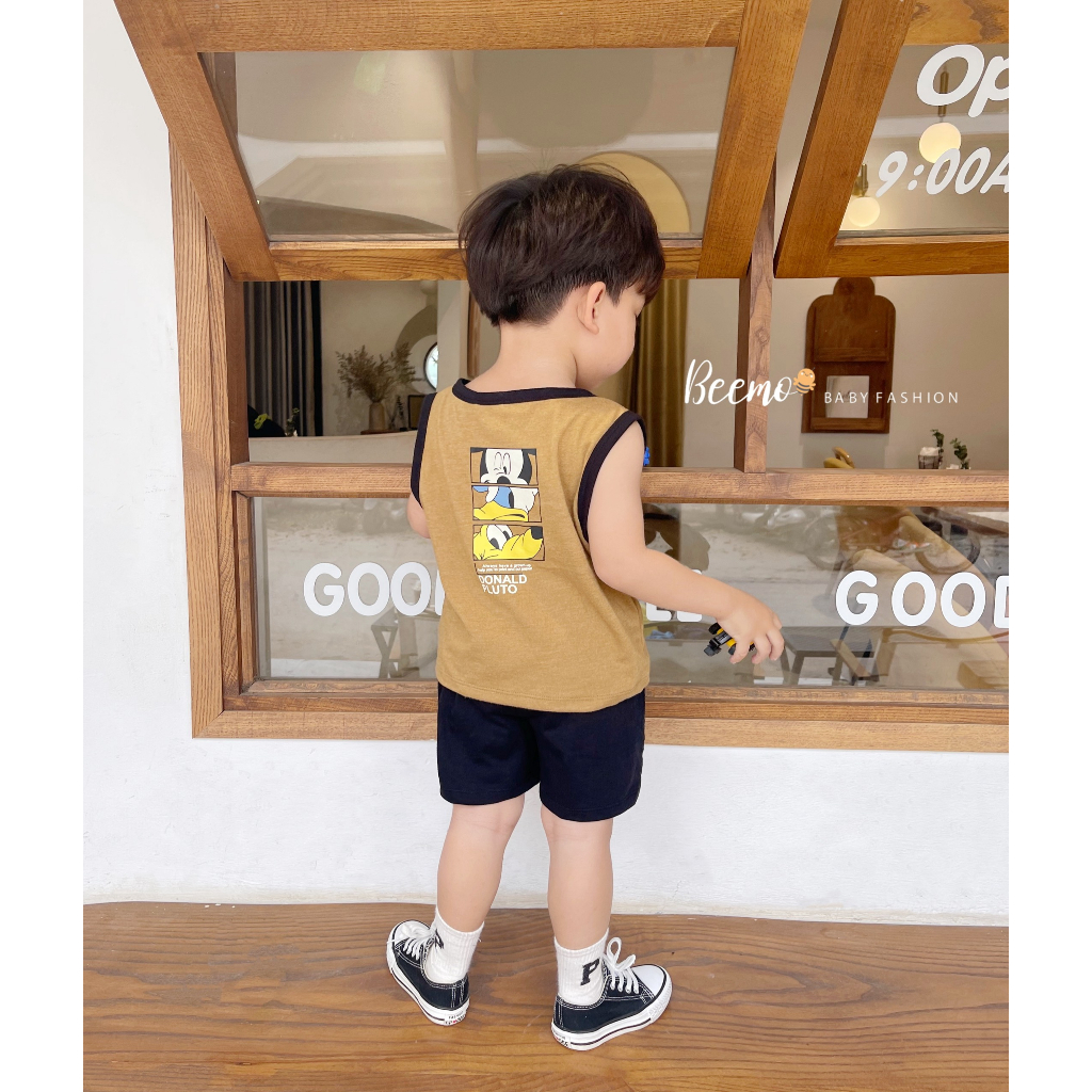 Set bộ ba lỗ Beemo in chữ trước ngực phối hình sau lưng vải cotton thoáng mát, mềm mịn mặc hè cho bé 1 - 7 tuổi 23107B