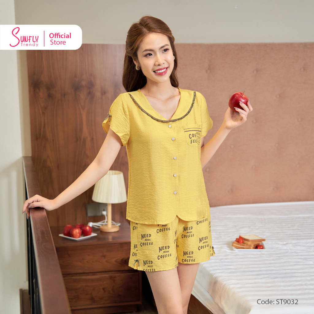 Bộ Đồ Mặc Nhà Nữ Pyjamas Linen SUNFLY Áo Cộc Quần Sooc ST9032