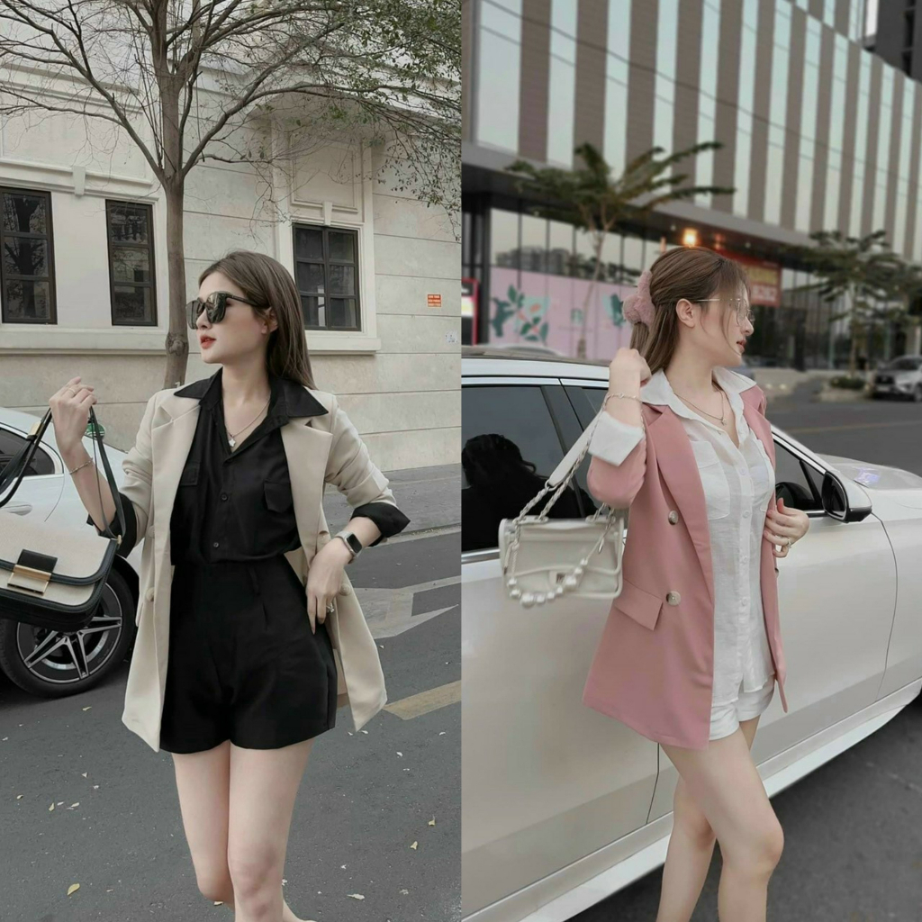 Set 3 món áo sơ mi dài tay kèm áo khoác ngoài mix quần ngắn ống rộng thanh lịch, quý phái