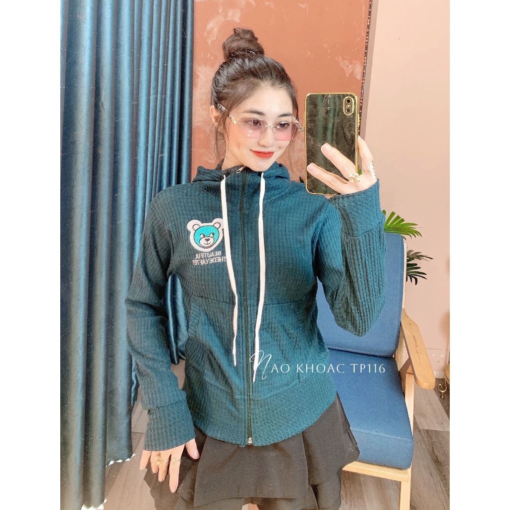Áo khoác nữ chất thun gân tăm mềm mịn co giãn thoải mái lên phom ôm dáng thêu gấu hoạt hình dễ thương TP116