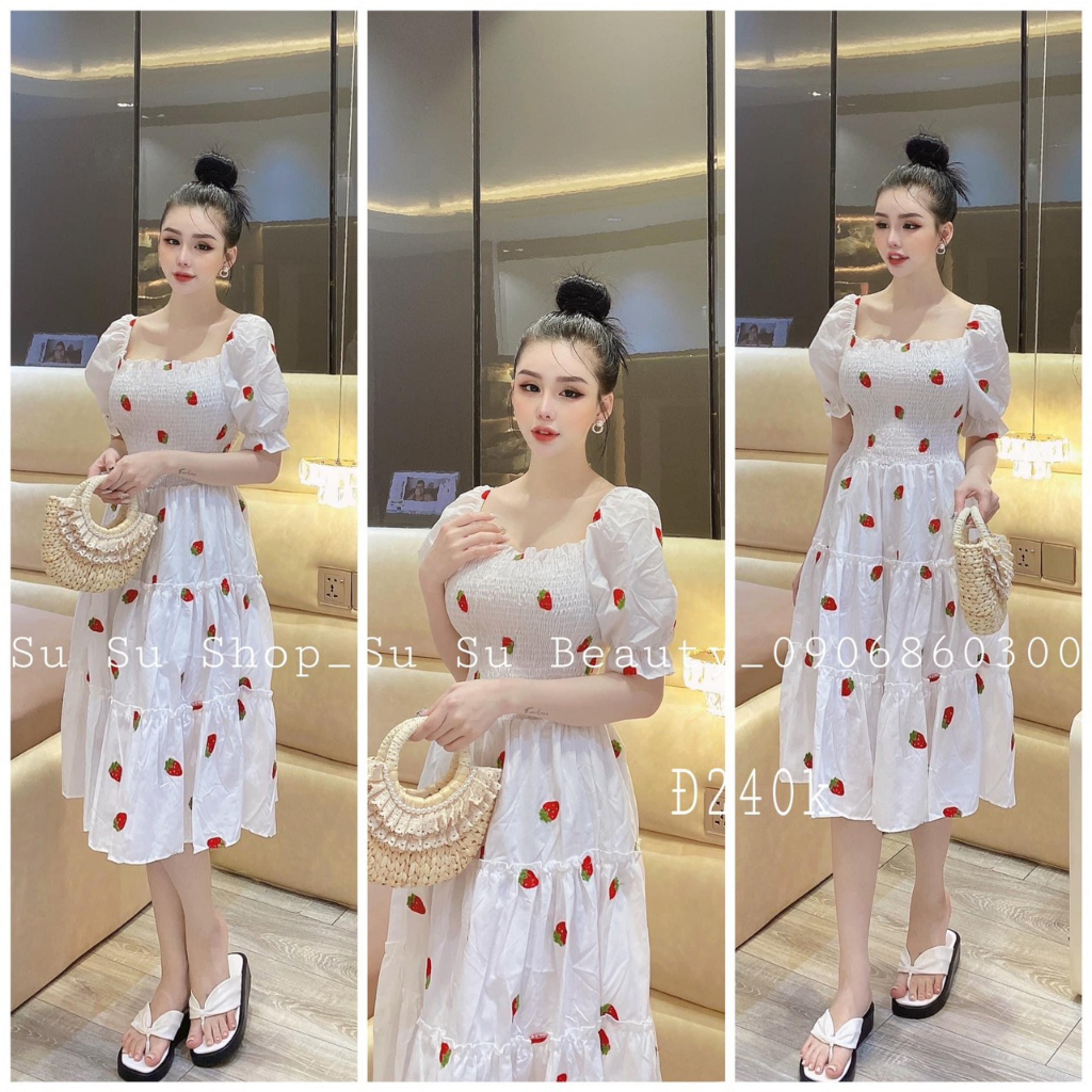 Đầm Von Lụa Chéo Bo Nhún Cổ Vuông Ngắn Tay Phối In Nhiều Trái Dâu TTSA2112