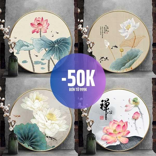 Tranh hoa sen tròn chất liệu tráng gương cao cấp đã gồm khung nhiều mẫu decor treo tường làm quà tặng đã gồm đinh treo