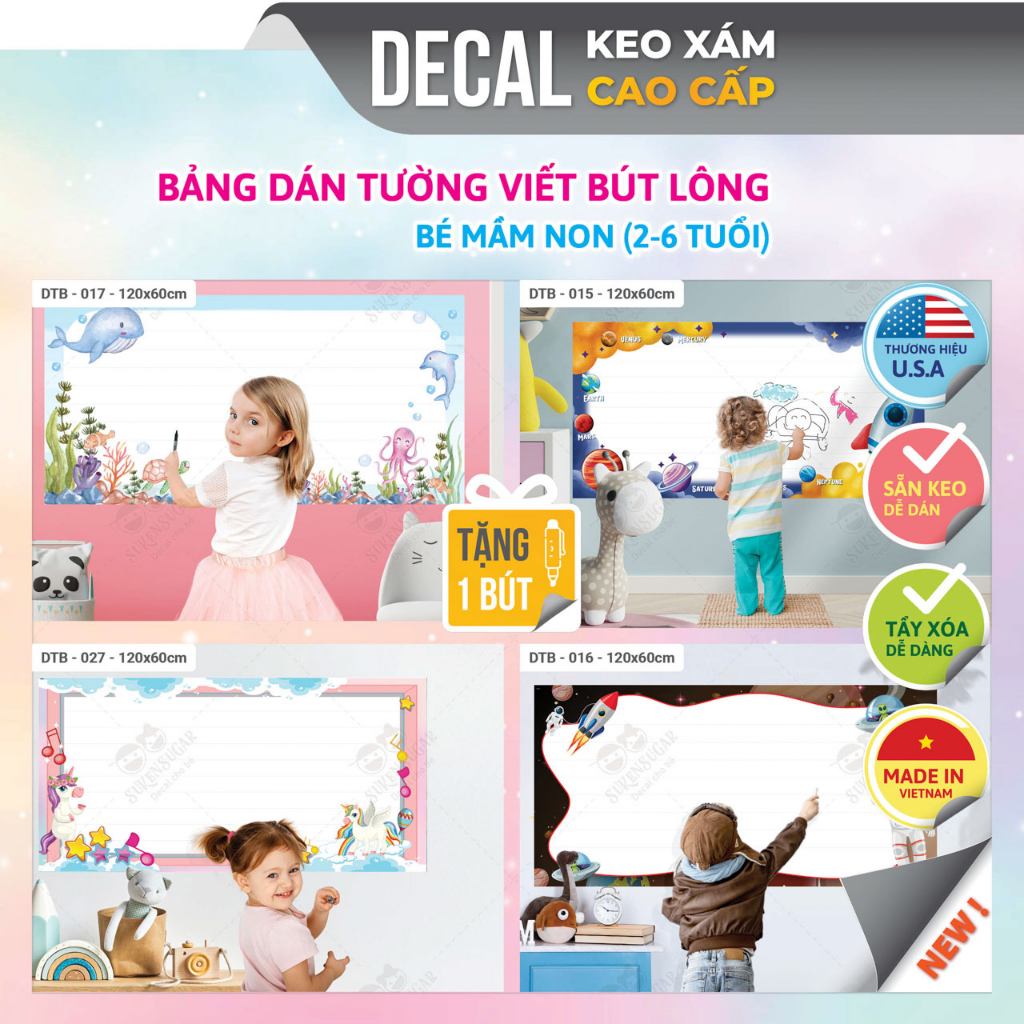 Bảng dán tường viết bút lông, đa dạng mẫu mã. Bảng vẽ dán tường, dễ dàng tẩy xóa, Chất lượng và an toàn cho bé, DTB-A06