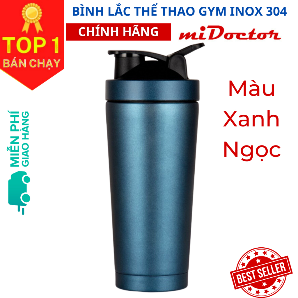 [Màu Xanh Ngọc] Bình Lắc Đựng Nước Thể Thao Tập Gym Shaker Inox 304 - Chính Hãng miDoctor