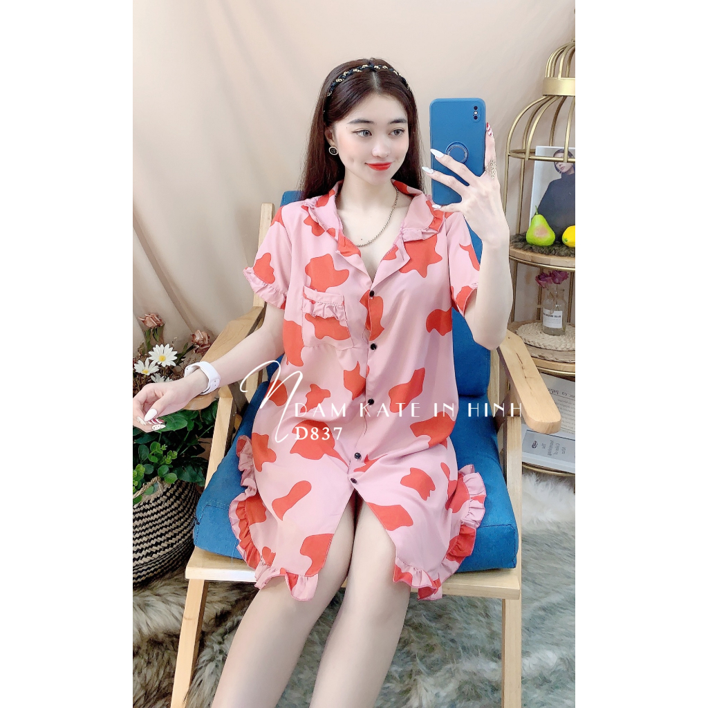 Đầm ngủ nữ vải kate phom 55kg in hình dễ thương ⚡Ảnh thật⚡