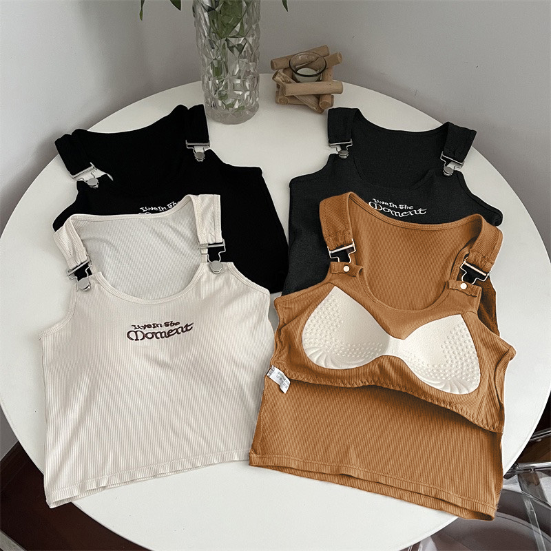 Áo Hai Dây Croptop Dáng Ôm Thêu Chữ Móc Khóa Cài Có Đệm Ngực Phong Cách Cá Tính Thời Trang Sugal TOP NU 073V2
