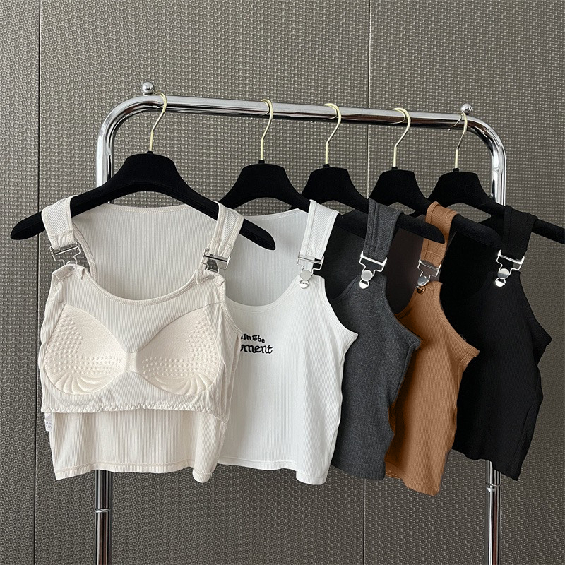 Áo Hai Dây Croptop Dáng Ôm Thêu Chữ Móc Khóa Cài Có Đệm Ngực Phong Cách Cá Tính Thời Trang Sugal TOP NU 073V2