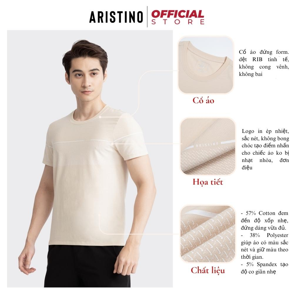 Áo thun nam trơn tay ngắn ARISTINO ATS010S3 T-shirt cotton cổ tròn dệt bo dáng suông in hoạt tiết nổi nam tính mặc hè