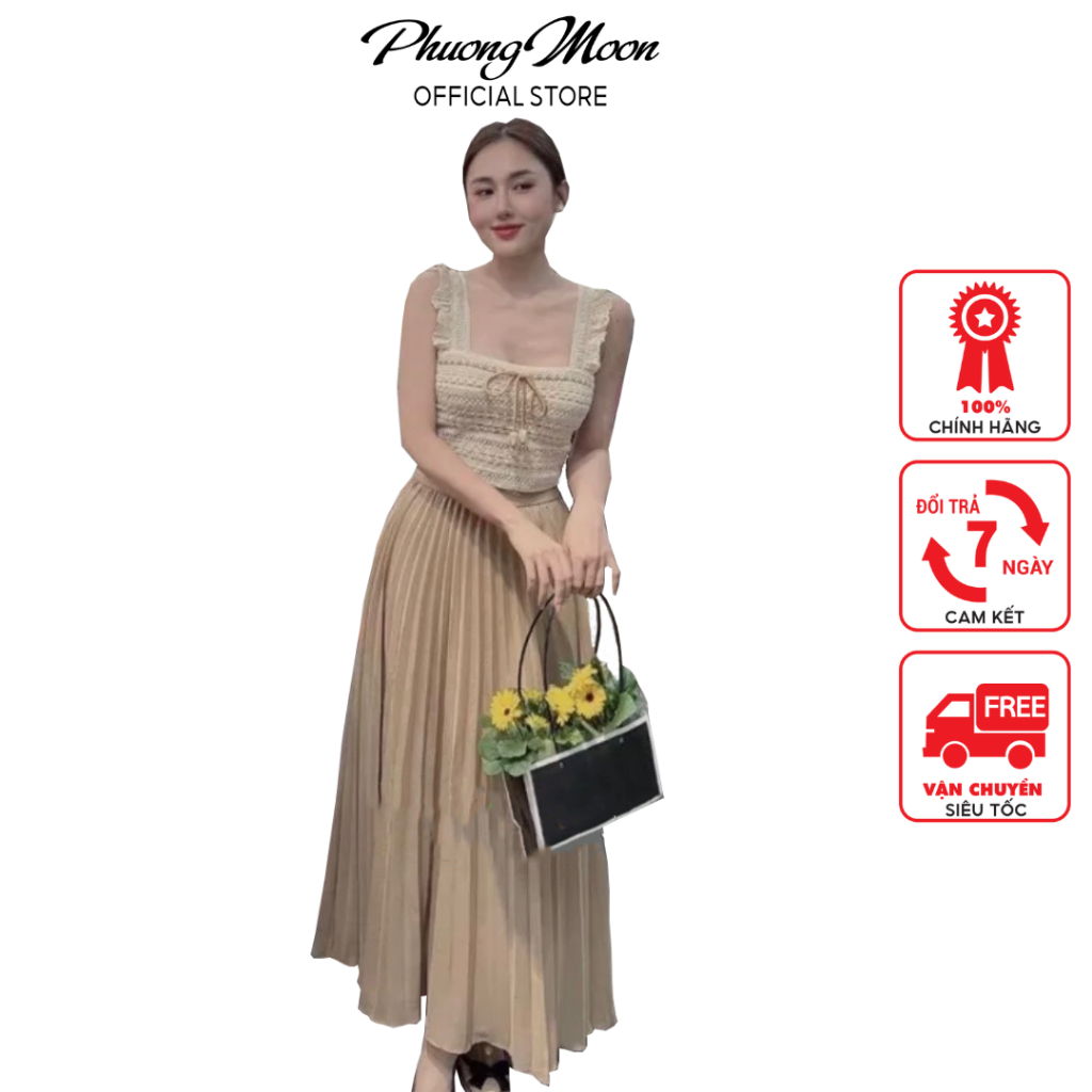 Sét váy nữ đi biển PHUONGMOON, chân váy mix áo hai dây ren lưới