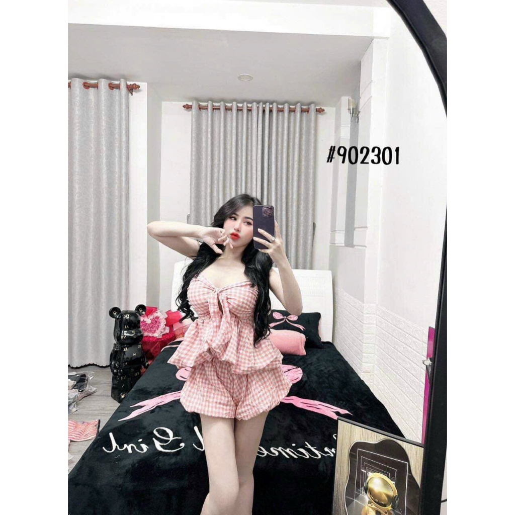 Set áo cúp ngực, set bộ kẻ ca rô dáng bí có nơ trước ngực mix quần siêu dễ thương