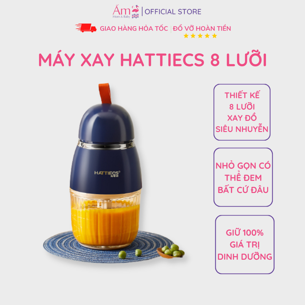 Máy Xay Cầm Tay Đa Năng Hattiecs 8 Lưỡi Ấm Baby Cho Bé Ăn Dặm Bản Nâng Cấp Ấm Gift Decor