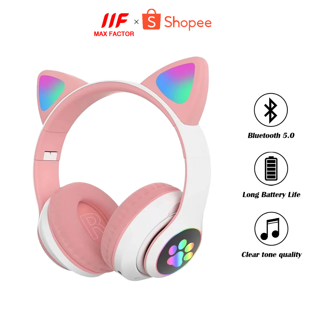 MAXFACTOR Tai nghe bluetooth JST-28 tai nghe game hình tai mèo có hiệu ứng ánh sáng cầu vồng