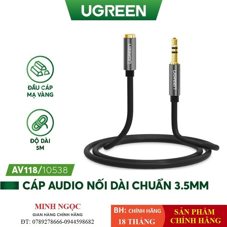 Dây Audio nối dài 3.5mm đầu mạ vàng dài 5m (10538 UGREEN AV118) - Hàng Chính Hãng