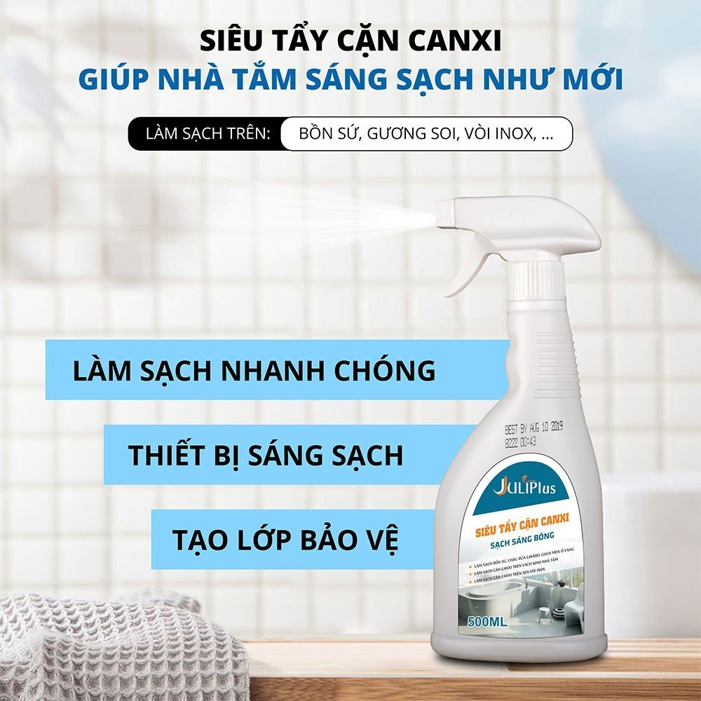 Tẩy cặn canxi inox nhà tắm Juliplus đa năng, dung dịch siêu tẩy rửa cặn bám trên vòi sen, vệ sinh vách kính. Chai 500ml