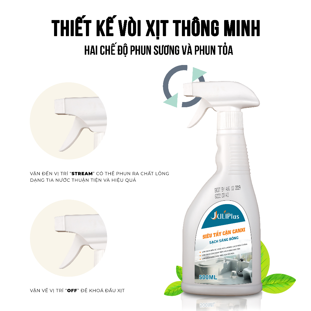 Tẩy cặn canxi inox nhà tắm Juliplus đa năng, dung dịch siêu tẩy rửa cặn bám trên vòi sen, vệ sinh vách kính. Chai 500ml