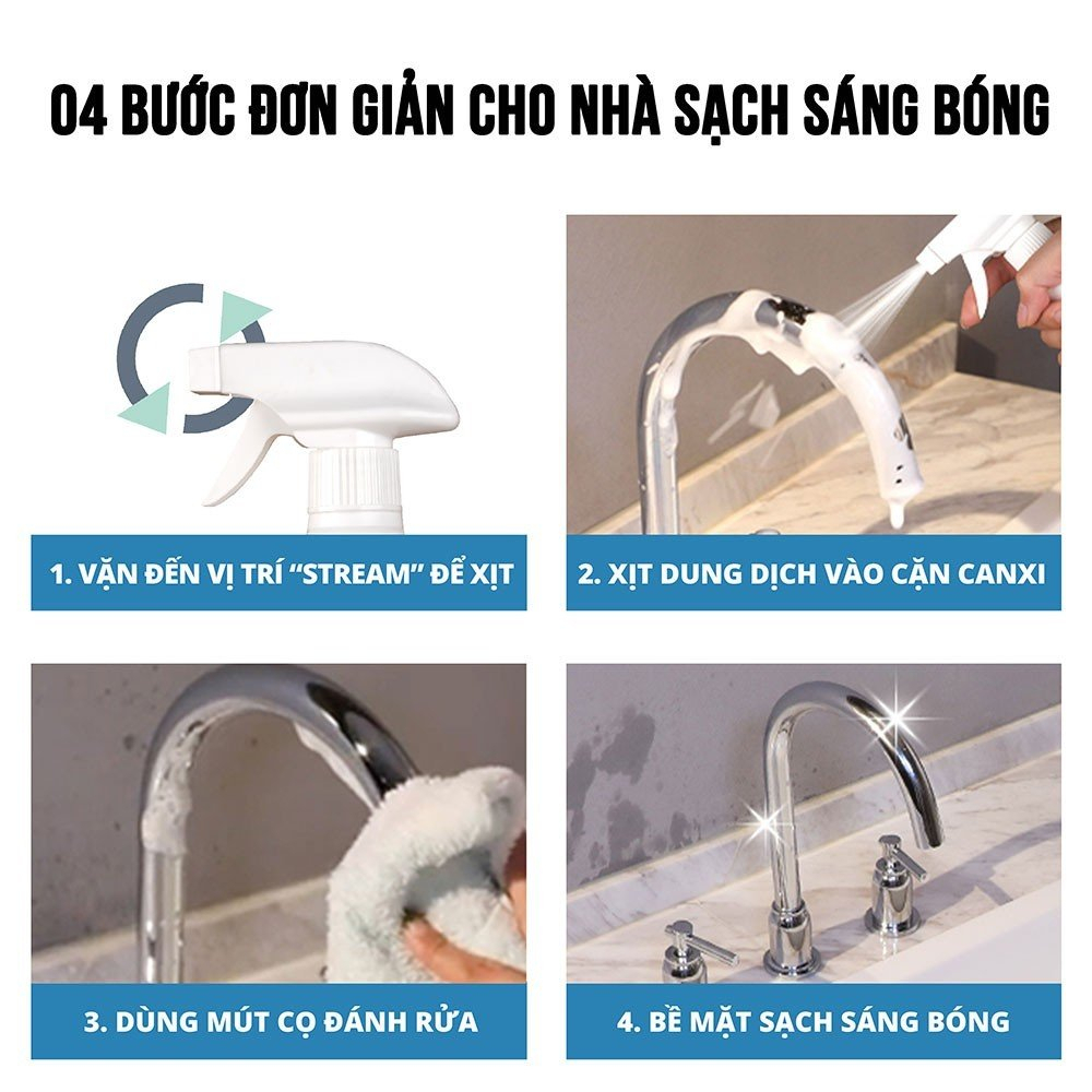 Tẩy cặn canxi inox nhà tắm Juliplus đa năng, dung dịch siêu tẩy rửa cặn bám trên vòi sen, vệ sinh vách kính. Chai 500ml