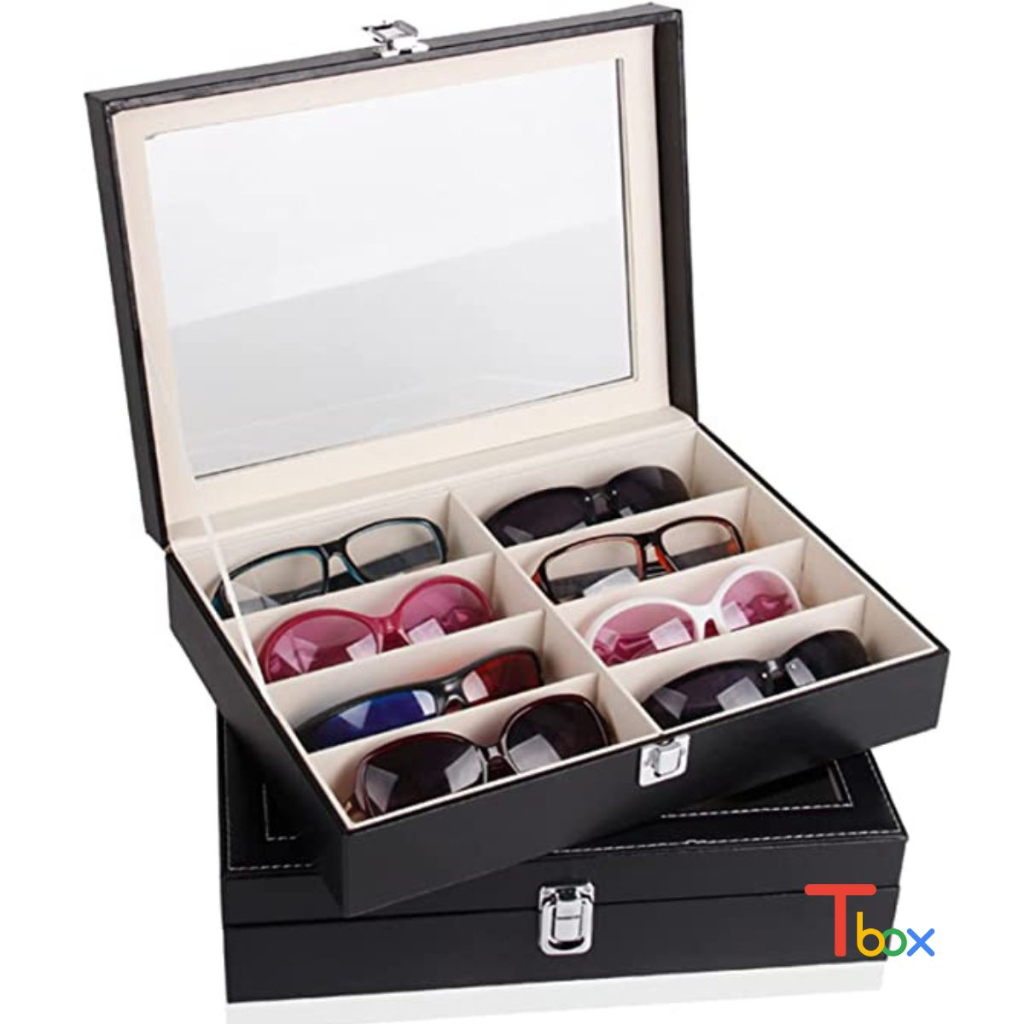 Hộp đựng kính mắt, hộp trưng bày 8 chiếc kính mắt chất liệu khung gỗ bọc da đen sang trọng