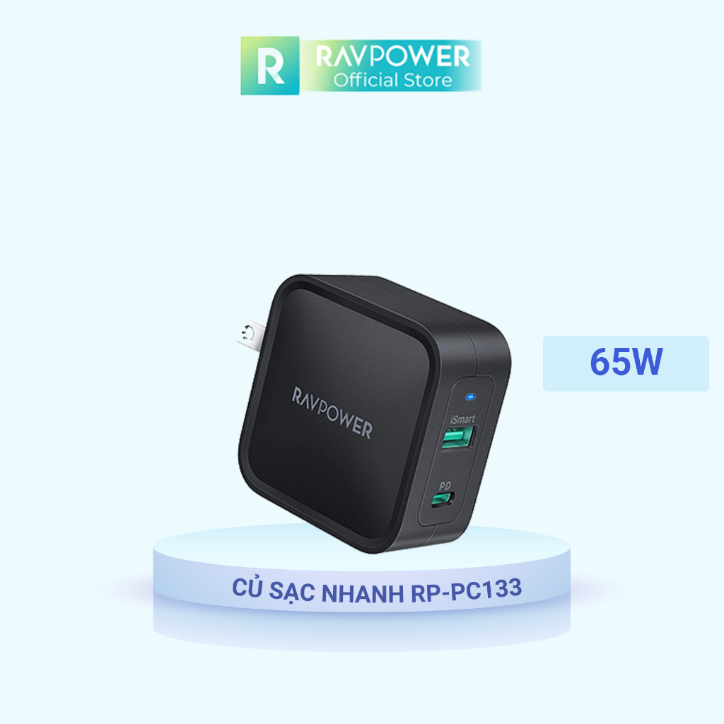 Củ Sạc Nhanh 65W RAVPower RP-PC133 - 2 Cổng Sạc - Type C PD 3.0 65W - USB A QC 3.0 18W - GaN - Sản Phẩm Chính Hãng