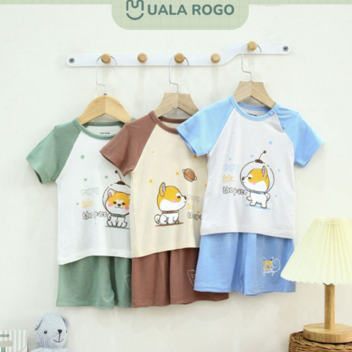 Bộ quần áo cộc tay cho bé Ualarogo 9 tháng - 4 tuổi cúc vai vải Petit thấm hút thoáng mát co giãn mềm mại 2257