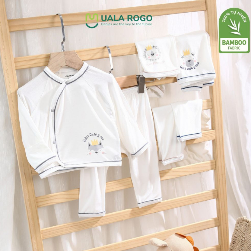 Bộ quần áo sơ sinh cho bé Ualarogo 0-6 tháng cài chéo lộn tay vải Sợi tre Bamboo mềm mại co giãn thấm hút 2101