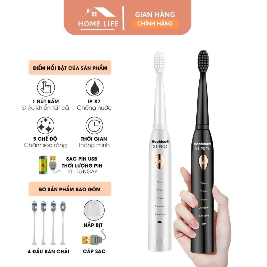 Bàn chải điện người lớn, máy vệ sinh chăm sóc răng miệng Sonic 5 chế độ xả nước, tặng kèm 4 đầu thay thế, sạc pin