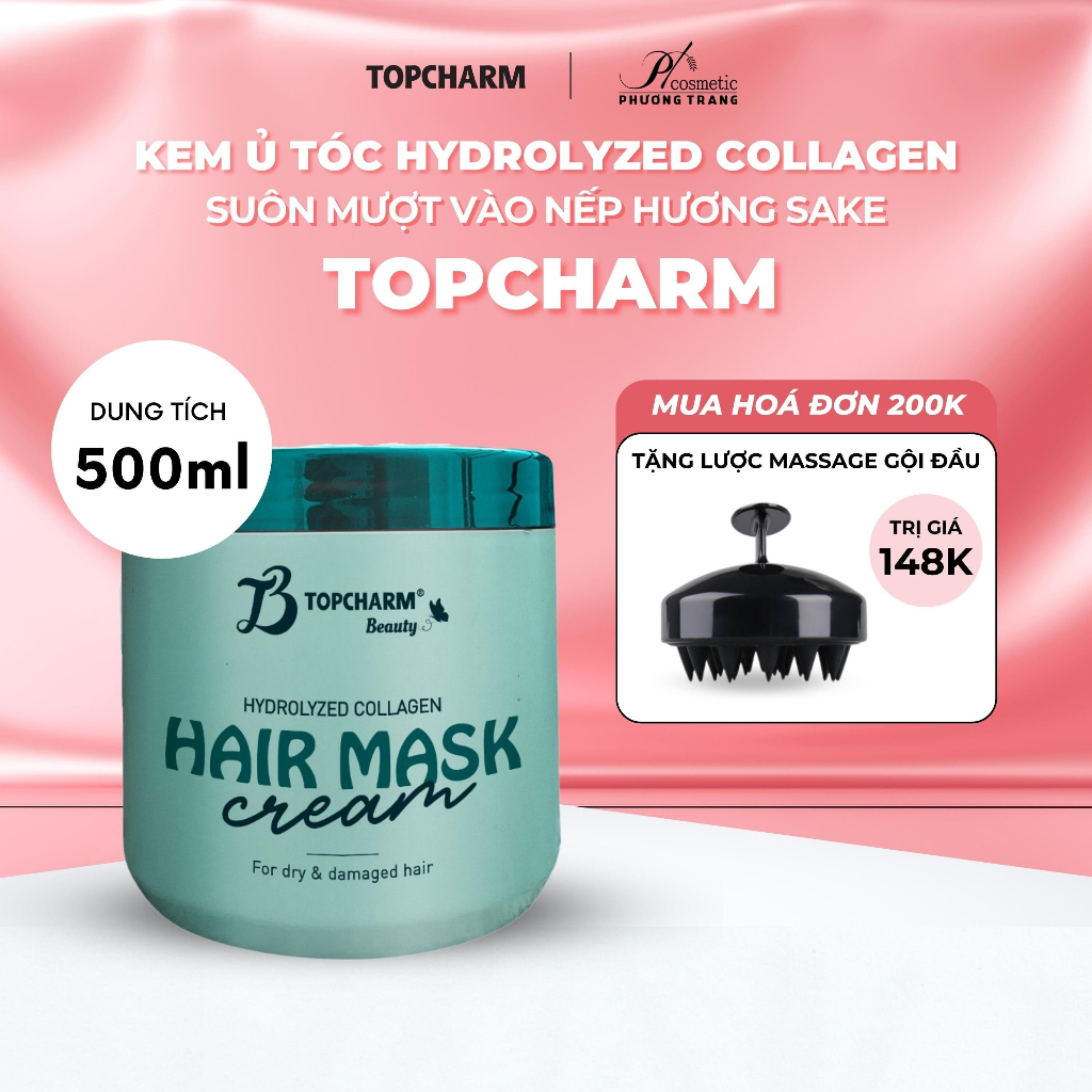 Kem ủ tóc collagen TOPCHARM 500ml - Bổ sung hydrolyzed collagen phục hồi tóc yếu nát, kem hấp tóc hương Sake thơm lâu