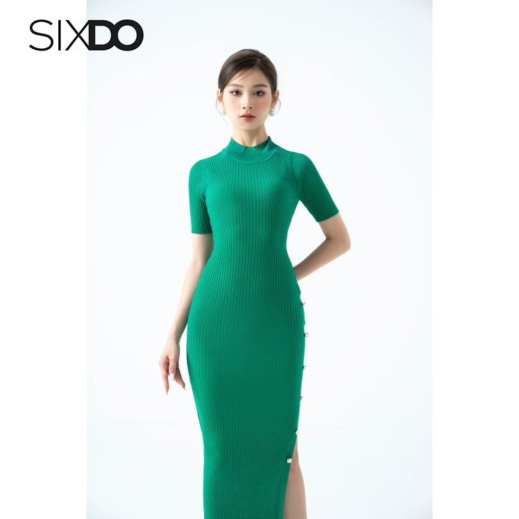 Đầm len dài xẻ tà đùi phối cúc thời trang SIXDO (Split-side Midi Knit Dress)