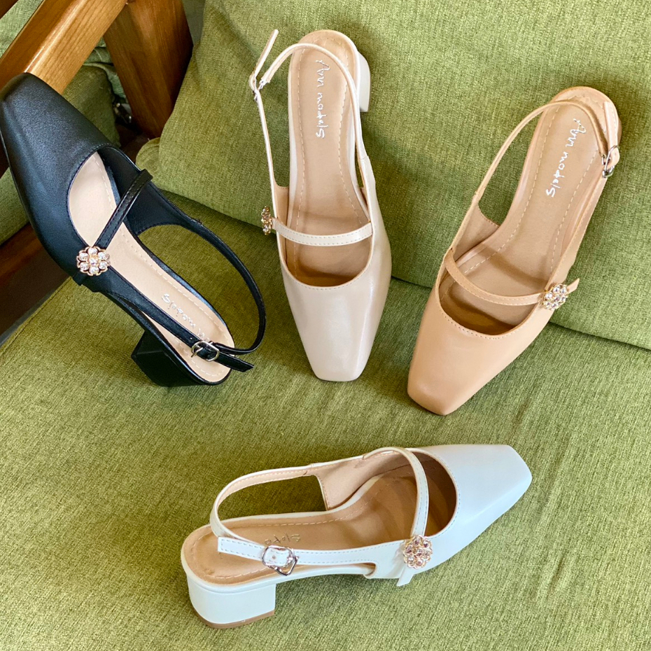 Giày slingback đế vuông 3 phân chất liệu xi mờ kiểu dáng tiểu thư phối nút đá hoa cao cấp _Min3004QNHD