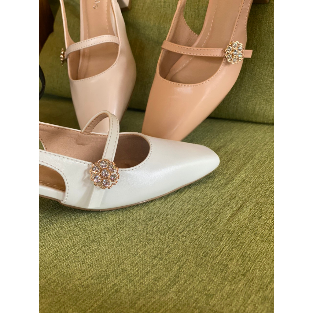 Giày slingback đế vuông 3 phân chất liệu xi mờ kiểu dáng tiểu thư phối nút đá hoa cao cấp _Min3004QNHD