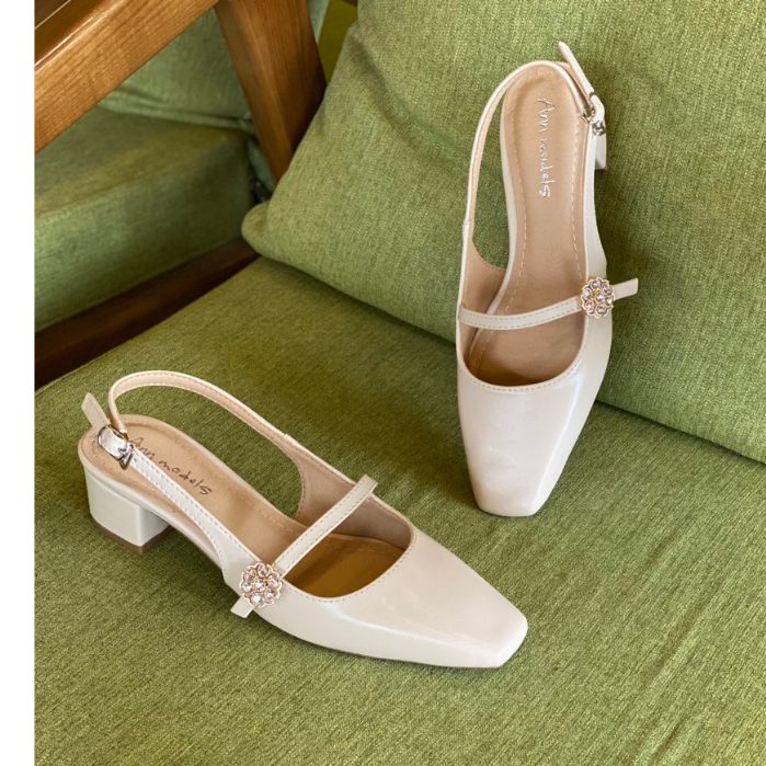 Giày slingback đế vuông 3 phân chất liệu xi mờ kiểu dáng tiểu thư phối nút đá hoa cao cấp _Min3004QNHD