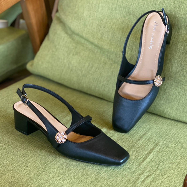 Giày slingback đế vuông 3 phân chất liệu xi mờ kiểu dáng tiểu thư phối nút đá hoa cao cấp _Min3004QNHD