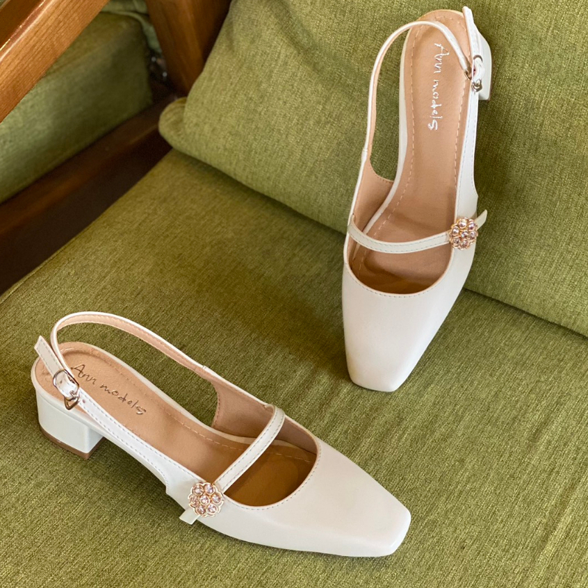 Giày slingback đế vuông 3 phân chất liệu xi mờ kiểu dáng tiểu thư phối nút đá hoa cao cấp _Min3004QNHD
