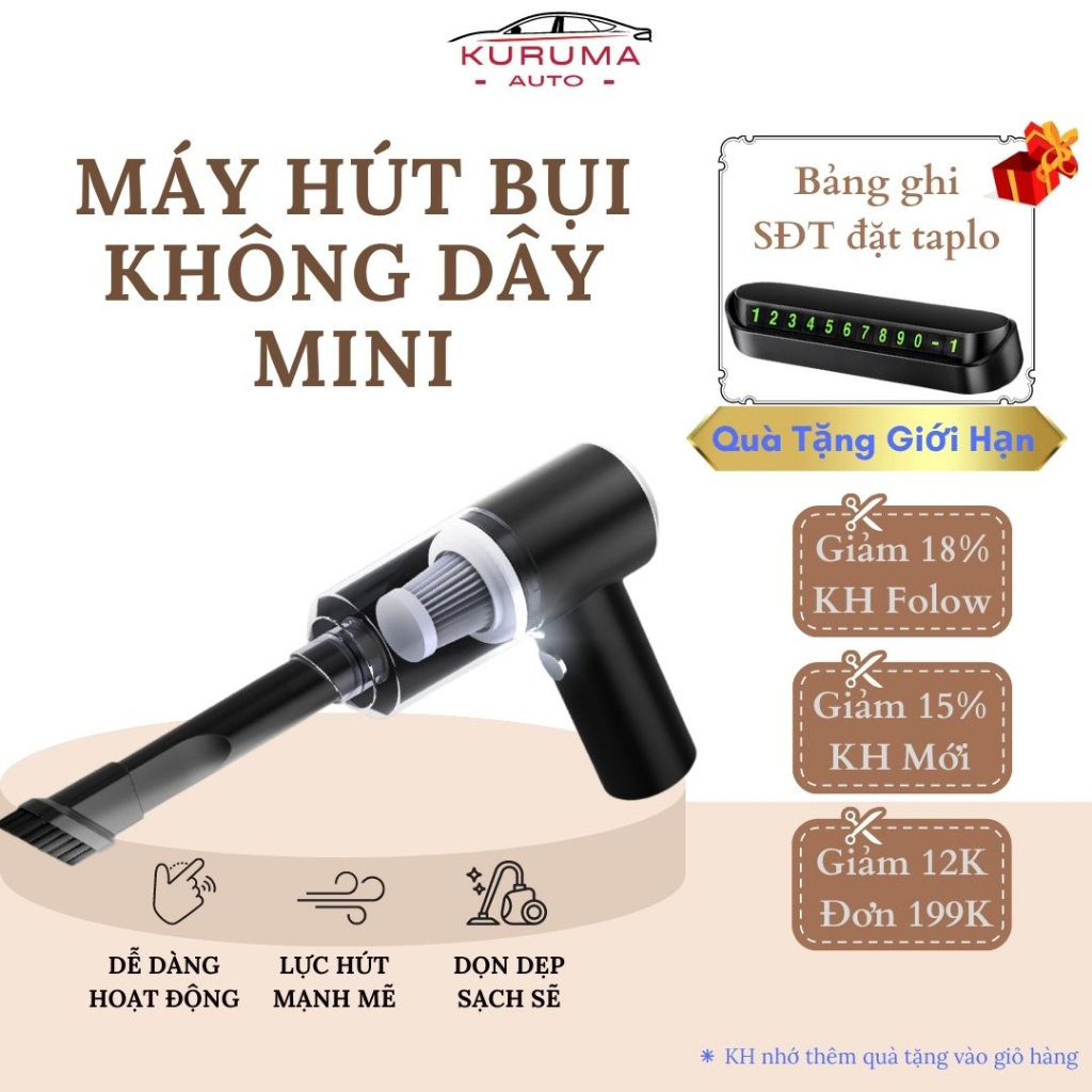 Máy hút bụi không dây mini đa năng lực hút mạnh 9000PA giúp dọn sạch bụi bẩn trong không gian xe ô tô, sofa, giường nệm