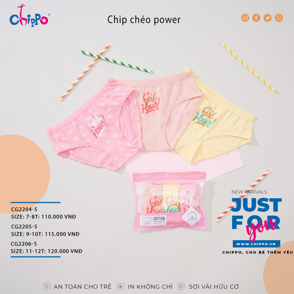 Set 3 quần chip chéo bé gái Chippo 100% cotton từ 10 đến 42kg