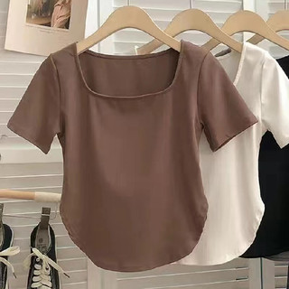 Áo phông cổ vuông , dáng croptop tay ngắn chất gân tăm mềm mịn co dãn