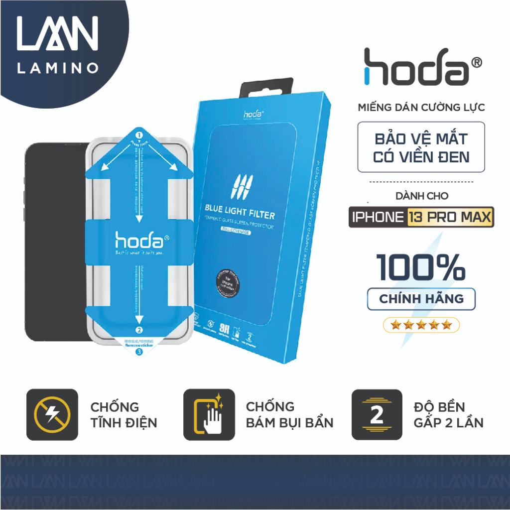 Kính cường lực HODA chống ánh sáng xanh, bảo vệ mắt full viền đen kèm khung trợ dán cho iPhone 13 series