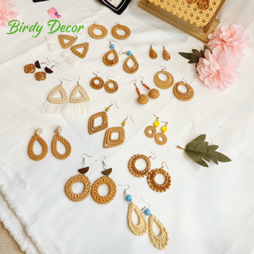 Bông tai mây tre đan đi chơi biển du lịch phong cách Bohemian xinh. Khuyên tai nữ phụ kiện trang sức hoa tai Boho